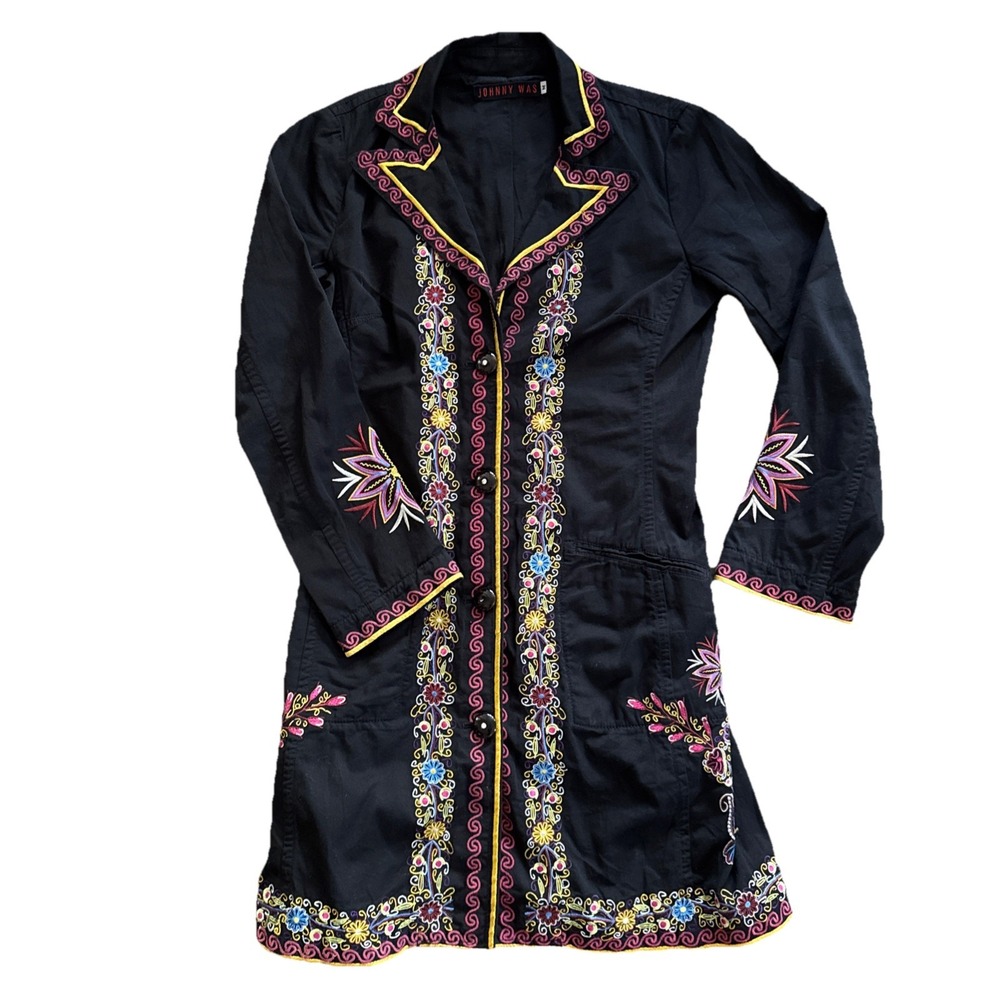 Johnny Was Mandala Embroidered Long Jacket Women Medium Black Floral Cotton USA